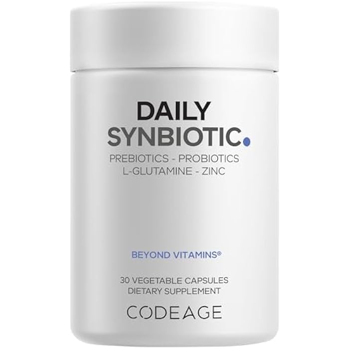 Codeage Daily Synbiotic Supplement - Prebiotics, Lactobacillus & Bifidobacterium Probiotics, L-Glutamine, Zinc L-Carnosine, DGL, Synbiotic Probiotic, BioPerine - Shelf-Stable - 30 Capsules - Image 1