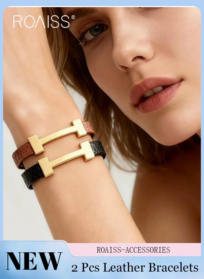 رويس قطعتان من أساور جلدية أنيقة للنساء مزينة بحروف ذهبية أنيقة، أساور معصم عتيقة بسيطة للارتداء اليومي والإكسسوارات العصرية - Image 1