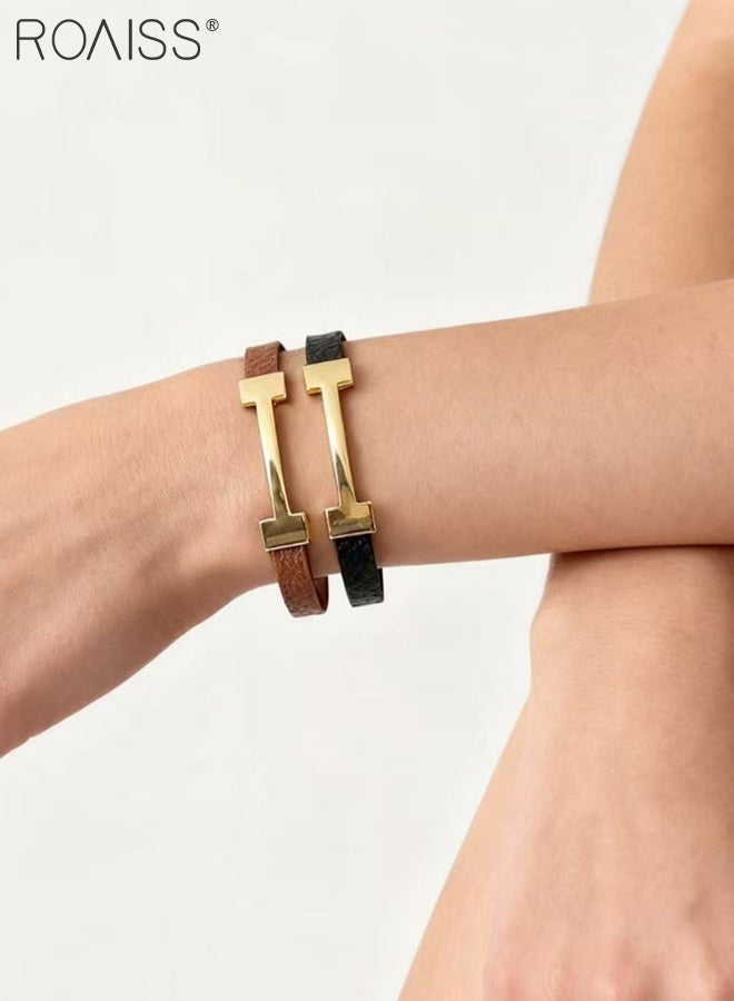رويس قطعتان من أساور جلدية أنيقة للنساء مزينة بحروف ذهبية أنيقة، أساور معصم عتيقة بسيطة للارتداء اليومي والإكسسوارات العصرية - Image 3