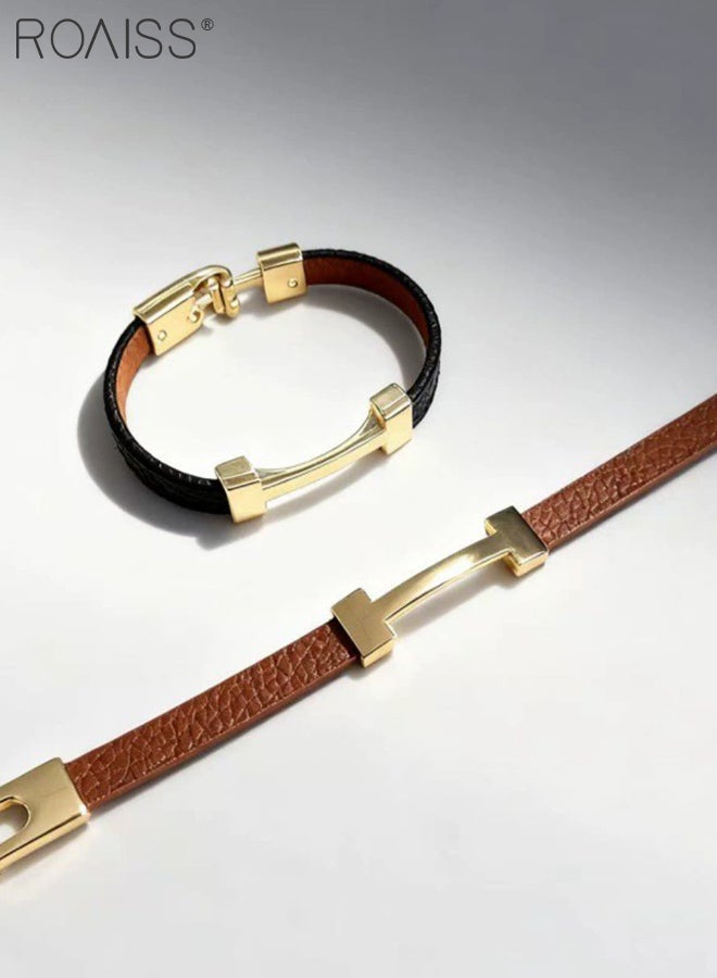 رويس قطعتان من أساور جلدية أنيقة للنساء مزينة بحروف ذهبية أنيقة، أساور معصم عتيقة بسيطة للارتداء اليومي والإكسسوارات العصرية - Image 5