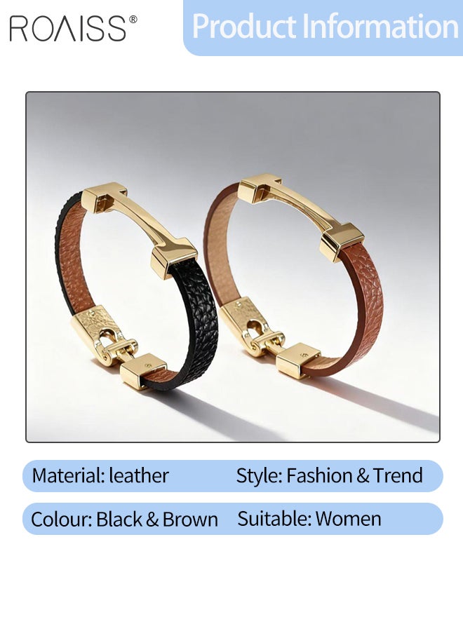 رويس قطعتان من أساور جلدية أنيقة للنساء مزينة بحروف ذهبية أنيقة، أساور معصم عتيقة بسيطة للارتداء اليومي والإكسسوارات العصرية - Image 2
