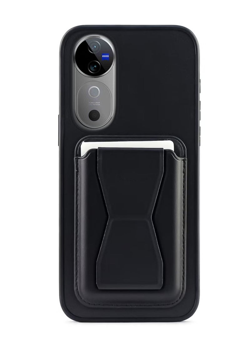 غطاء خلفي من الجلد مع محفظة بطاقات، جراب قابل للطي مقاوم للصدمات متوافق مع Vivo V40 5G/Vivo V40 Pro 5G (أسود)
