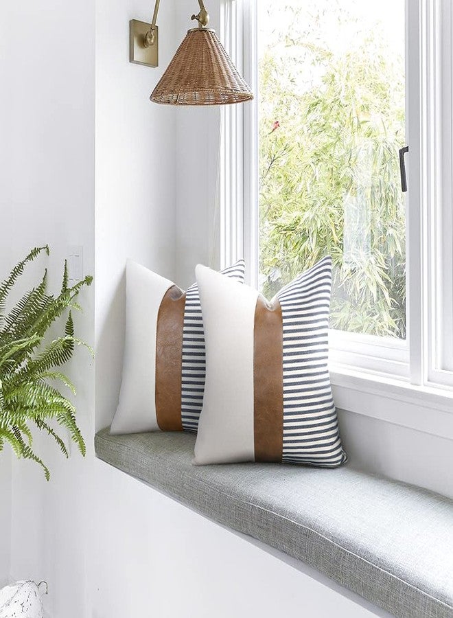 cygnus Set of 2 Farmhouse Decor Stripe Patchwork Linen Throw Pillow Covers,Modern Tan Faux Leather Accent Pillow Covers 18x18 inch,Black - Image 3