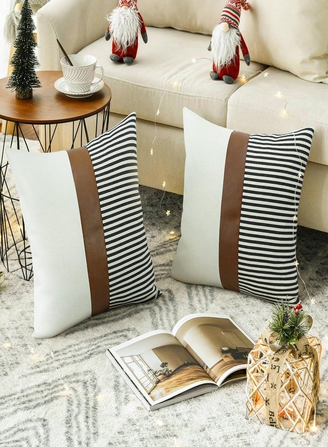 cygnus Set of 2 Farmhouse Decor Stripe Patchwork Linen Throw Pillow Covers,Modern Tan Faux Leather Accent Pillow Covers 18x18 inch,Black - Image 2