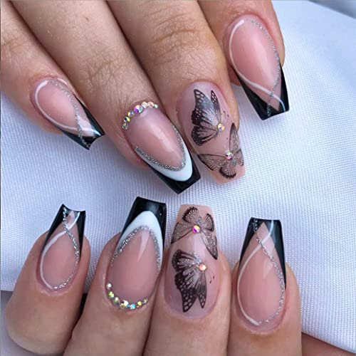 Foccna French Black Press on Nails Medium Butterfly Fake Nails Nude Coffin Acrylic False NailsArtificial Nails for Women and Girls24pcs - Image 2