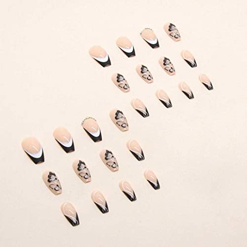 Foccna French Black Press on Nails Medium Butterfly Fake Nails Nude Coffin Acrylic False NailsArtificial Nails for Women and Girls24pcs - Image 5