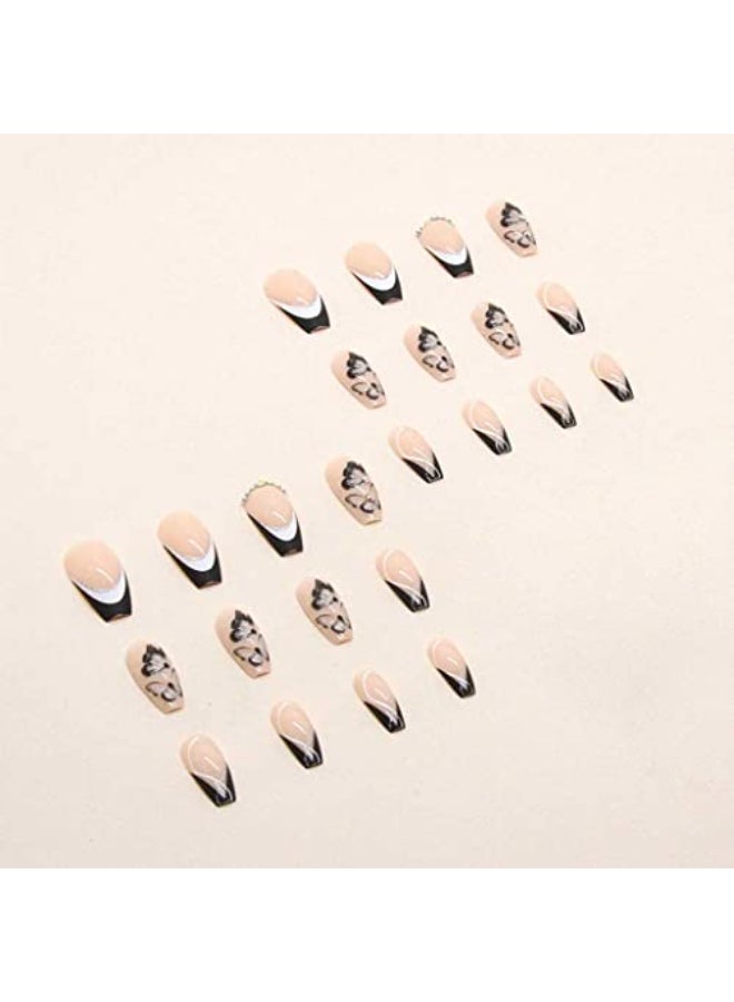 Foccna French Black Press on Nails Medium Butterfly Fake Nails Nude Coffin Acrylic False NailsArtificial Nails for Women and Girls24pcs - Image 4