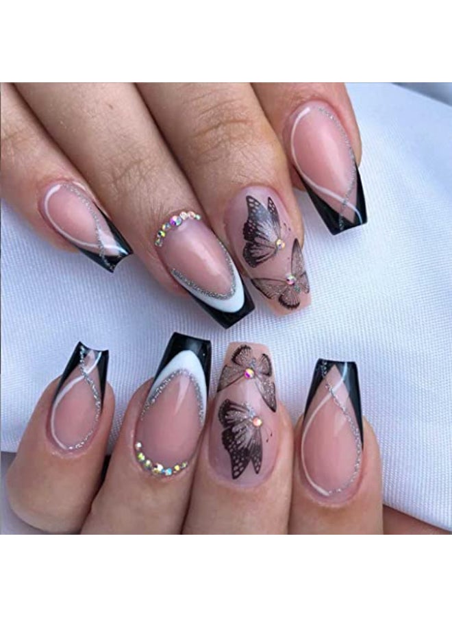 Foccna French Black Press on Nails Medium Butterfly Fake Nails Nude Coffin Acrylic False NailsArtificial Nails for Women and Girls24pcs - Image 1