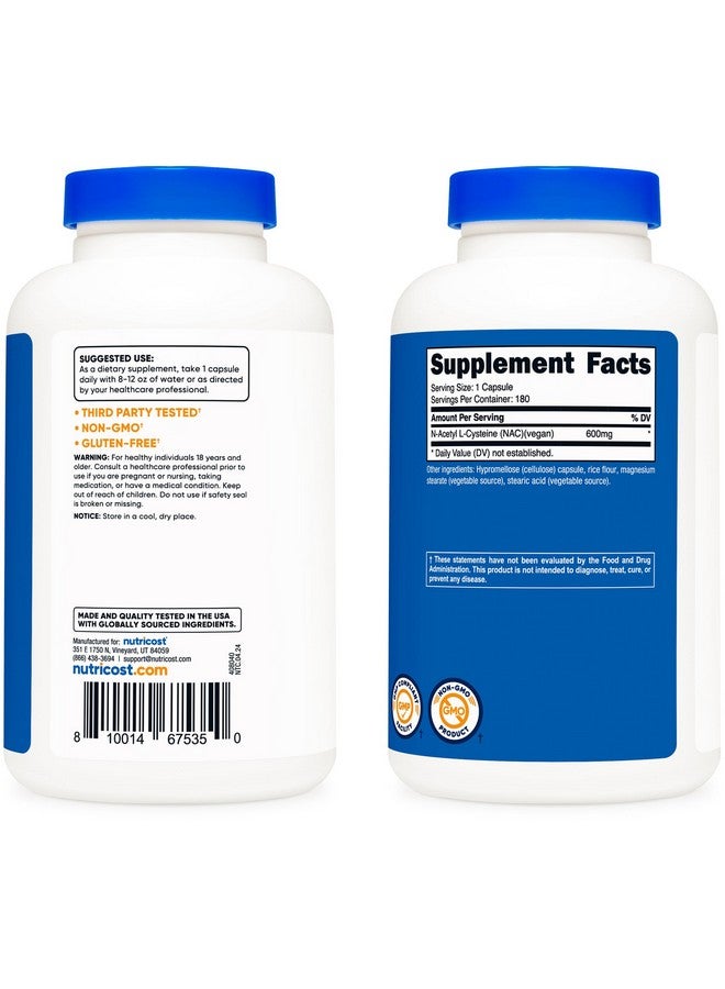 Nutricost نوتريكوست N-أسيتيل L-سيستين (NAC) 600 ملغ، 180 كبسولة - خالي من الكائنات المعدلة وراثيًا، خالي من الغلوتين - Image 4