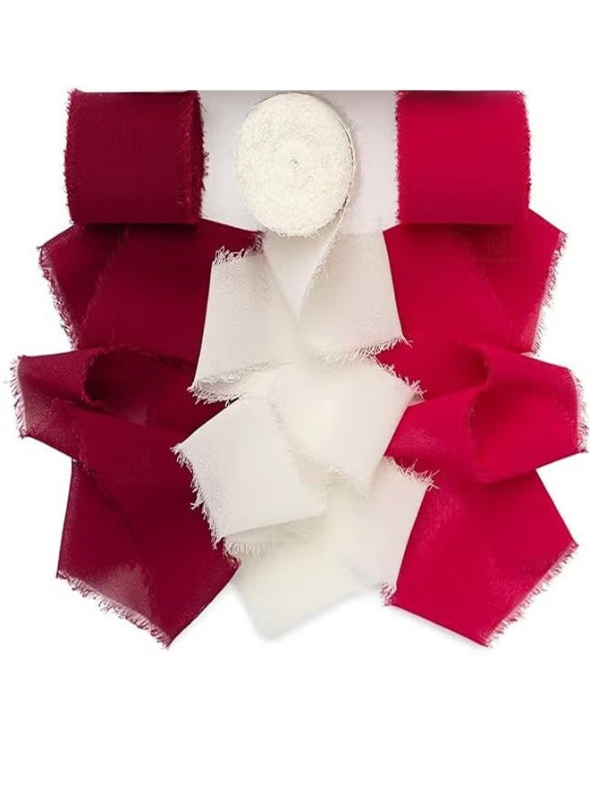 GMORO 3 Rolls Handmade Red Chiffon Silk Ribbon Handmade Frayed Edge Burgundy & White Ribbons for Gift Wrapping Bridal Bouquets Baby Shower Wedding Invitations  - Image 1