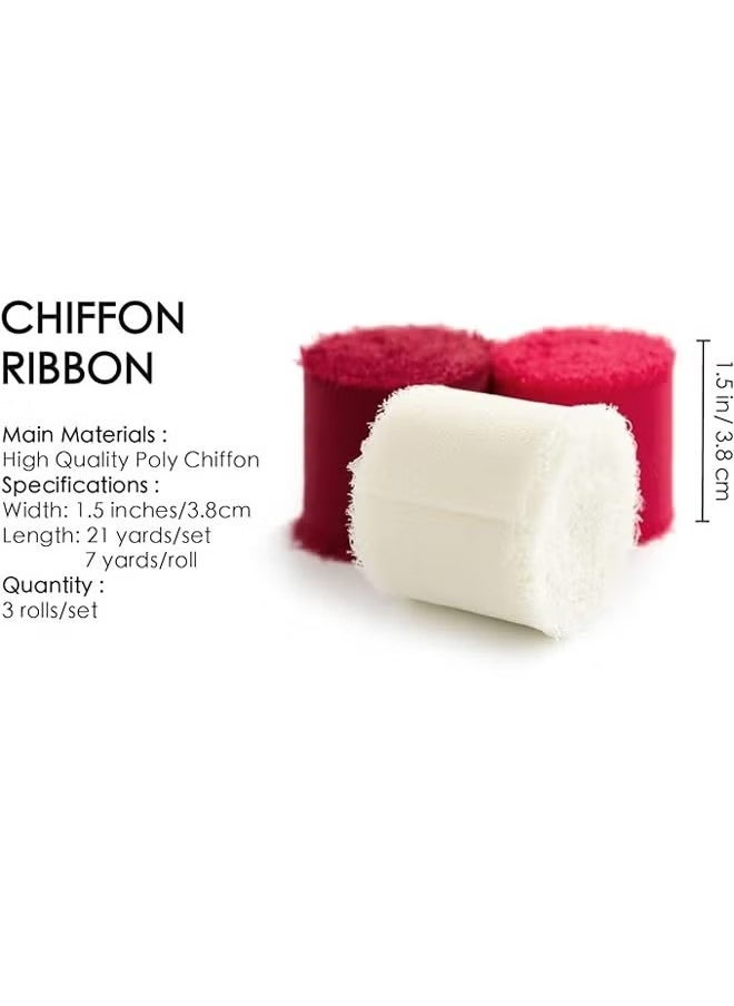 GMORO 3 Rolls Handmade Red Chiffon Silk Ribbon Handmade Frayed Edge Burgundy & White Ribbons for Gift Wrapping Bridal Bouquets Baby Shower Wedding Invitations  - Image 2