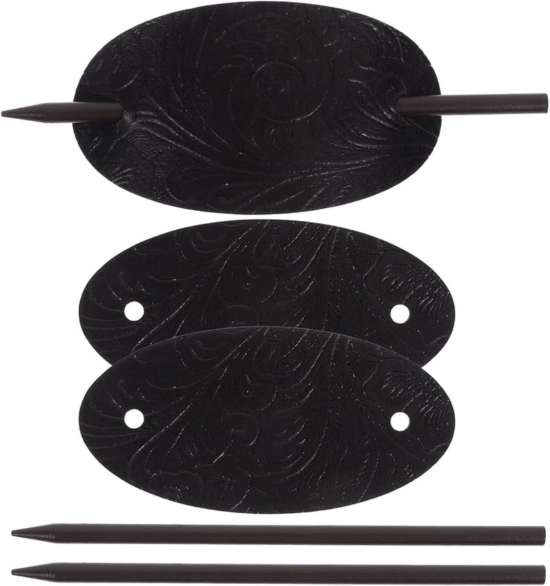 minkissy 3pcs Leather Hair Barrettes with Wooden Stick Black Vintage Hair Clips Hair Bun Leather Ponytail Holders Wooden Hair Pins for Women Girls