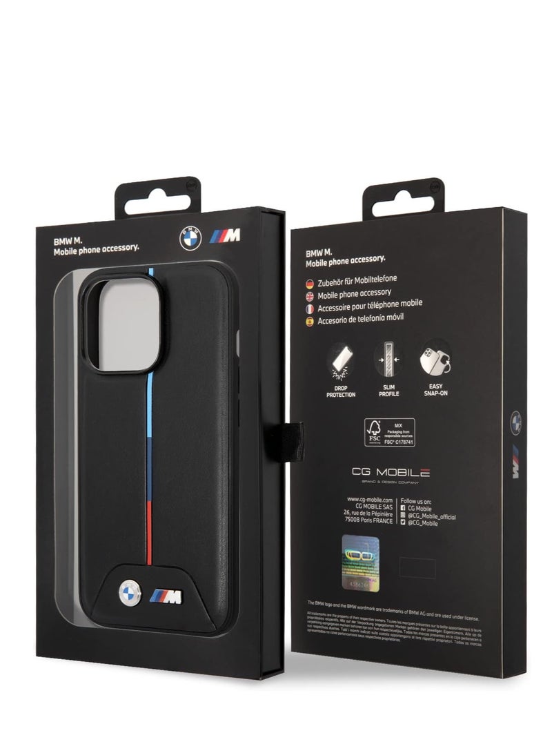 CG Mobile BMW M Collection Quilted PU Case With Hot Stamped Tricolor Stripe And Printed Logo Lightweight/Bumper Protection/Shock-Absorption Compatible With iPhone 14 Pro 6.1" (Black)