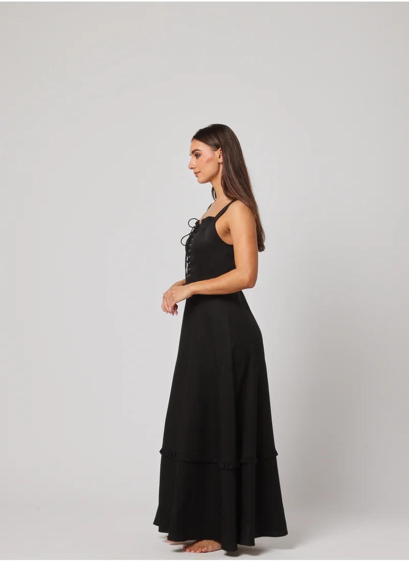 Ashita Fernandes Ashita Fernandes Husn dress for women – Midnight Black Linen Dress with Lace-Up Corset Bodice & Tiered Ruffle Skirt