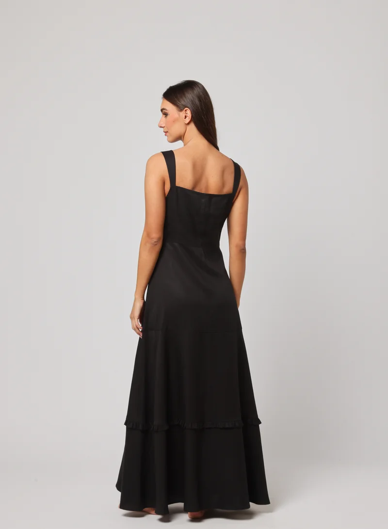 أشيتا فرنانديز Ashita Fernandes Husn dress for women – Midnight Black Linen Dress with Lace-Up Corset Bodice &amp; Tiered Ruffle Skirt