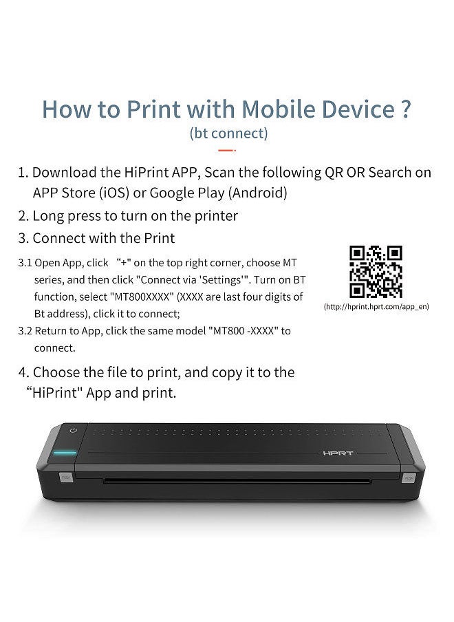 HPRT - MT800 A4 Portable Thermal Transfer Printer Wireless&USB Connect with Mobile Computer for Office School Car Travel Printer with 1pc Ribbon Roll - Image 1