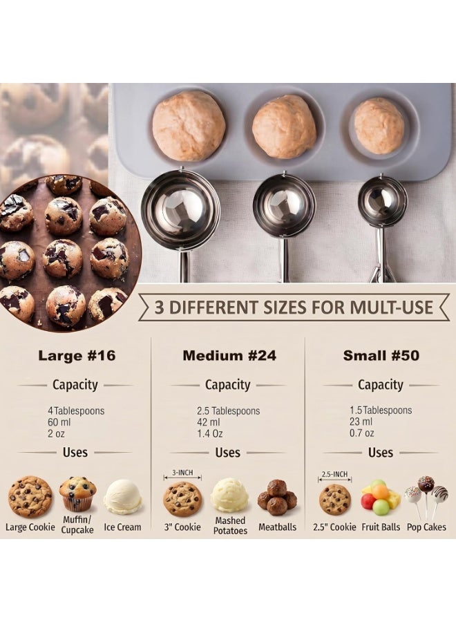 3Pcs Cookie Scoop Set, Stainless Steel Ice Cream Scooper with Trigger Release, Large/Medium/Small Cookie Scooper for Baking, Cookie Scoops for Baking Set of 3 with Cookie Dough Scoop - Image 5