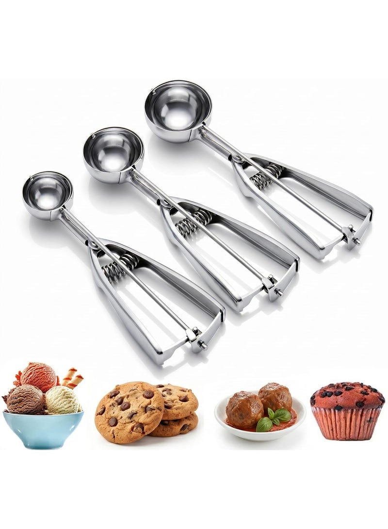 3Pcs Cookie Scoop Set, Stainless Steel Ice Cream Scooper with Trigger Release, Large/Medium/Small Cookie Scooper for Baking, Cookie Scoops for Baking Set of 3 with Cookie Dough Scoop - Image 1