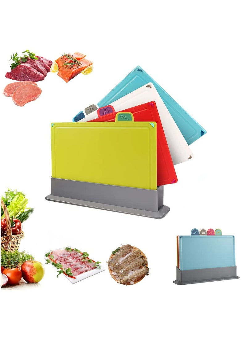 XiuWoo Cutting Boards 4pcs Chopping Board Kit with Drainage Holder Stand  Easy Gripped Handle Thick Color Marked Cutting Boards Non-slip Durable Kitchen Food Cutting Mats Set for Meat Fruit Vegetable Fish - Image 2