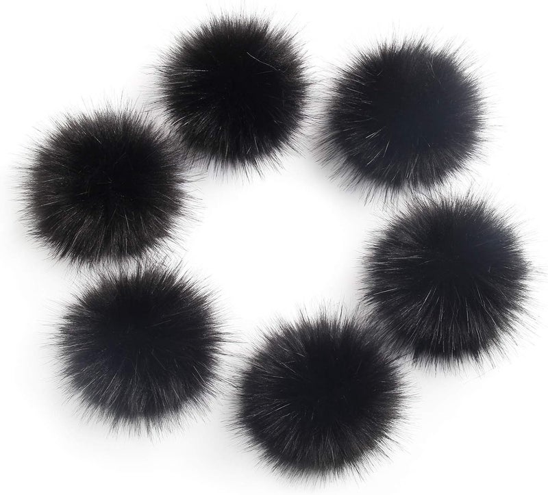 LFOUVRE Pack of 6 Faux Fox Fur Pompoms 3.9inch/10CM Furry Pom Pom Ball with Elastic Loop Knitting Crafts Hat Charm Accessories Black - Image 1