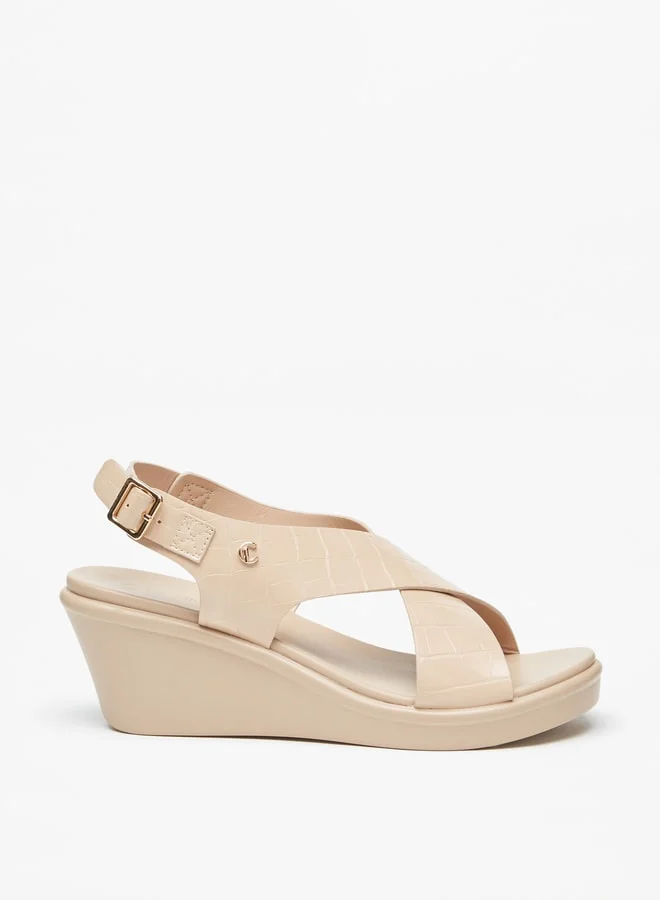 Le Confort Women's Textured Cross Strap Sandals with Wedge Heels and Buckle Closure