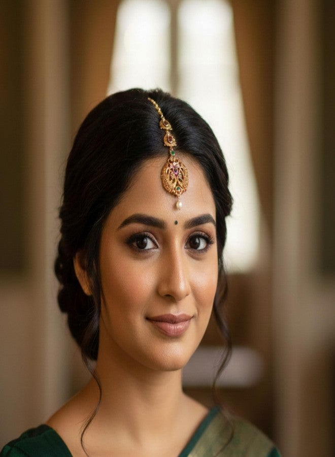ZEELLO Traditional Gold Plated Maang Tikka with Multicolor Stones, Pearl Drops, Indian Bridal Jewelry - Image 2