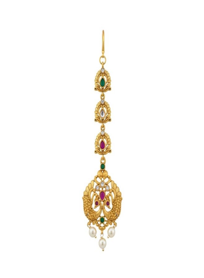ZEELLO Traditional Gold Plated Maang Tikka with Multicolor Stones, Pearl Drops, Indian Bridal Jewelry - Image 1