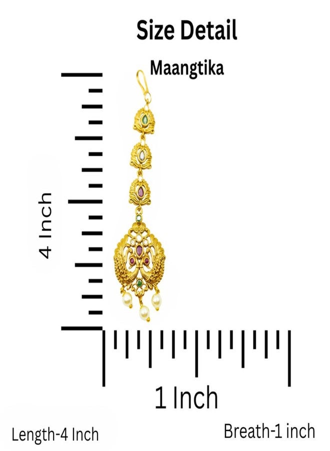 ZEELLO Traditional Gold Plated Maang Tikka with Multicolor Stones, Pearl Drops, Indian Bridal Jewelry - Image 4