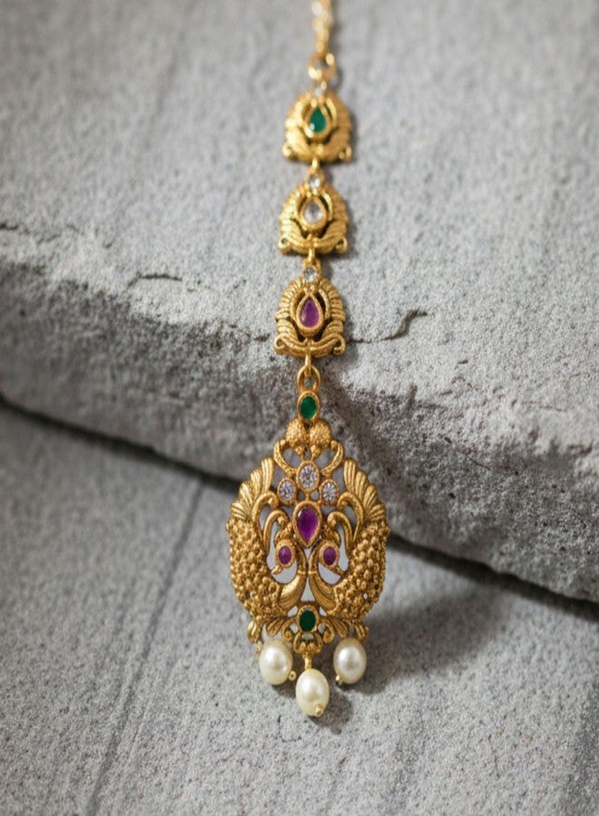 ZEELLO Traditional Gold Plated Maang Tikka with Multicolor Stones, Pearl Drops, Indian Bridal Jewelry - Image 3