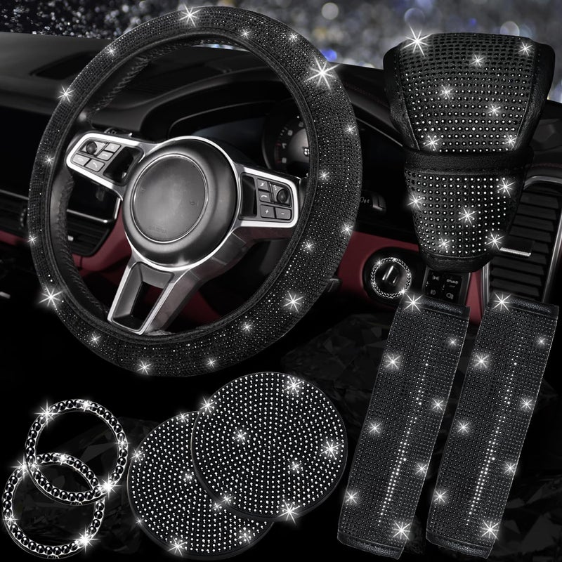 NBTEPEM 8 pcs Bling Car Accessories Set for Women, Steering Wheel Cover, Sparkly Seat Belt Covers, Bling Gear Shift Cover, Universal Fit Most Cars (Black Diamond) - Image 1