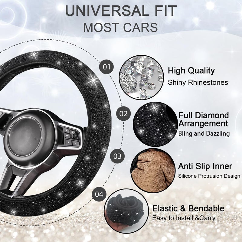 NBTEPEM 8 pcs Bling Car Accessories Set for Women, Steering Wheel Cover, Sparkly Seat Belt Covers, Bling Gear Shift Cover, Universal Fit Most Cars (Black Diamond) - Image 2