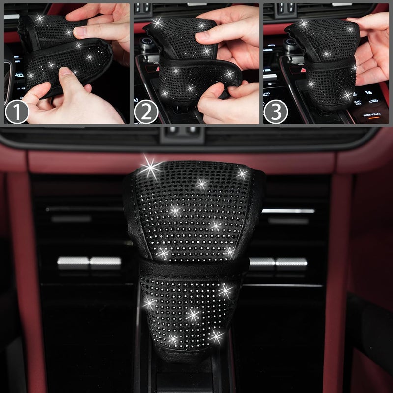 NBTEPEM 8 pcs Bling Car Accessories Set for Women, Steering Wheel Cover, Sparkly Seat Belt Covers, Bling Gear Shift Cover, Universal Fit Most Cars (Black Diamond) - Image 4
