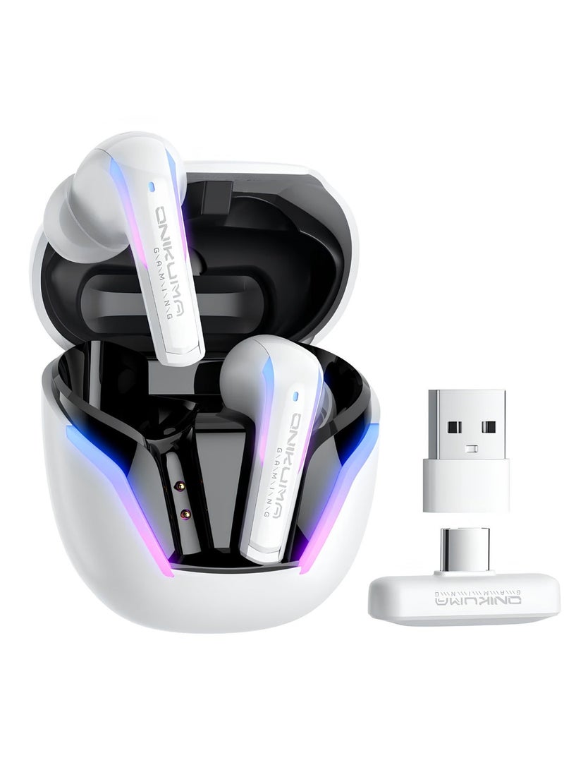 onikuma Wireless Gaming Earbuds with 2.4GHz USB-C Dongle, 20ms Ultra Low Latency, Bluetooth 5.3 Dual Mode, 13mm Drivers, ENC Noise Cancelling Mics, IPX4, RGB, Compatible with PS5 PC Nintendo Switch VR Phone – White - Image 1