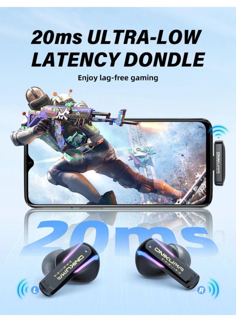 onikuma Wireless Gaming Earbuds with 2.4GHz USB-C Dongle, 20ms Ultra Low Latency, Bluetooth 5.3 Dual Mode, 13mm Drivers, ENC Noise Cancelling Mics, IPX4, RGB, Compatible with PS5 PC Nintendo Switch VR Phone – White - Image 3