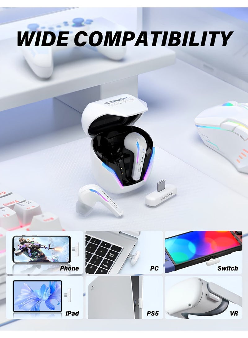 onikuma Wireless Gaming Earbuds with 2.4GHz USB-C Dongle, 20ms Ultra Low Latency, Bluetooth 5.3 Dual Mode, 13mm Drivers, ENC Noise Cancelling Mics, IPX4, RGB, Compatible with PS5 PC Nintendo Switch VR Phone – White - Image 5