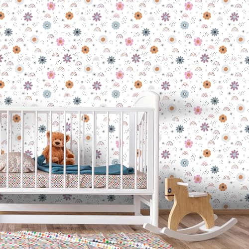 CHIHUT Boho Rainbow Peel and Stick Wallpaper Watercolor Cute Flowers Stars Rainbow Contact Paper Kids Self Adhesive Removable Wallpaper Flowers Wall Decals for Girls Bedroom Cabinets Walls 17.7”x100” - Image 3