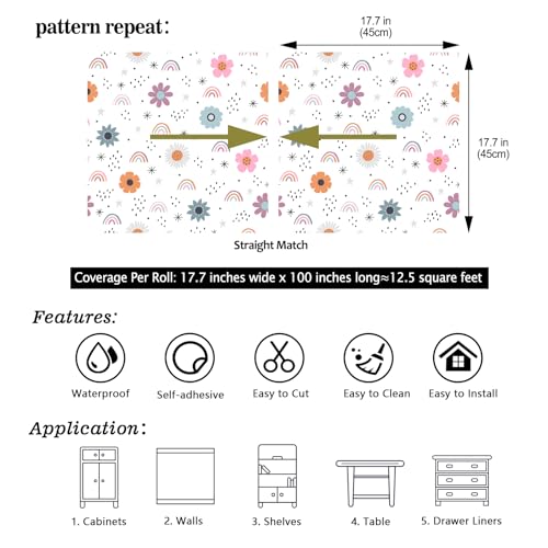 CHIHUT Boho Rainbow Peel and Stick Wallpaper Watercolor Cute Flowers Stars Rainbow Contact Paper Kids Self Adhesive Removable Wallpaper Flowers Wall Decals for Girls Bedroom Cabinets Walls 17.7”x100” - Image 2