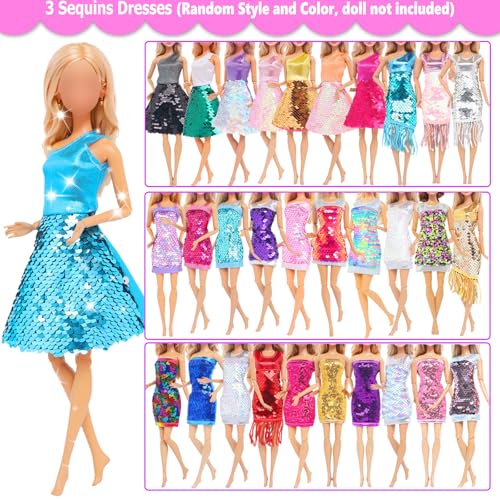 BJDBUS 11 Sets Doll Clothes 3 Sequins Dresses 4 Fashion Dresses and Floral Short Skirt 4 Casual Outfits Tops and Pants for 115 inch Girl Doll Clothing - Image 5
