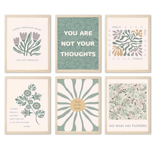 Hwetui Sage Green Floral Canvas Wall Art Poster Set of 6 Motivational Mental Health Pictures Wall Decor Inspirational Quotes Botanical Paintings Prints for Therapy Office Living Room Home 8x10in Unframed - Image 1