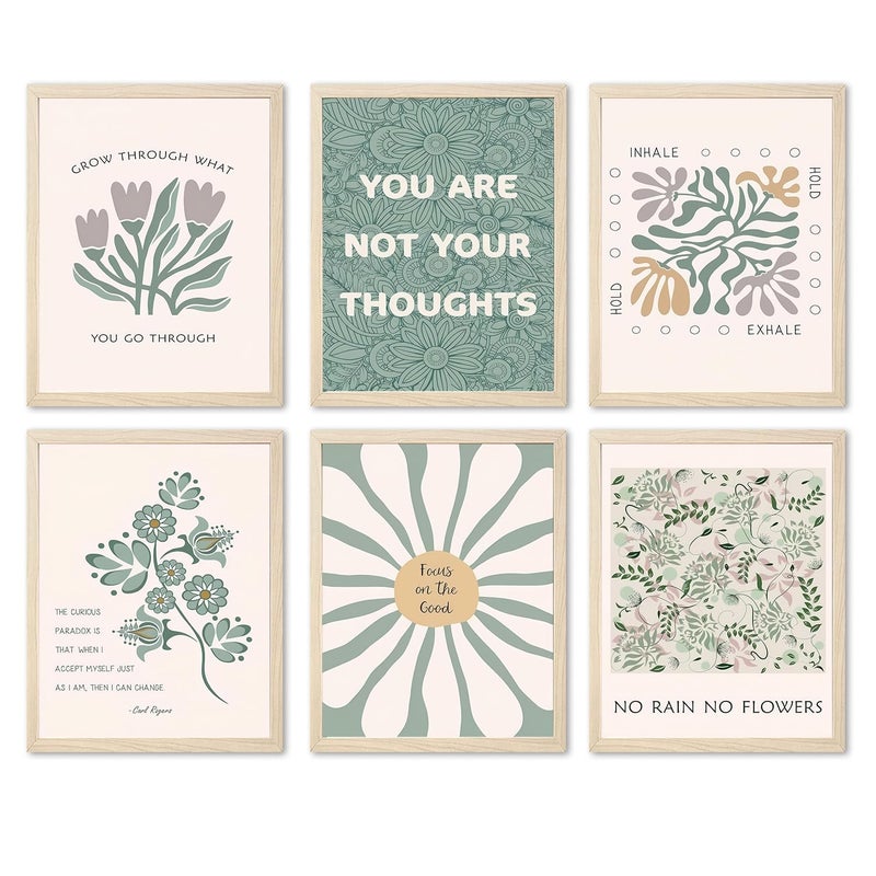 Hwetui Sage Green Floral Canvas Wall Art Poster Set of 6 Motivational Mental Health Pictures Wall Decor Inspirational Quotes Botanical Paintings Prints for Therapy Office Living Room Home 8x10in Unframed - Image 2