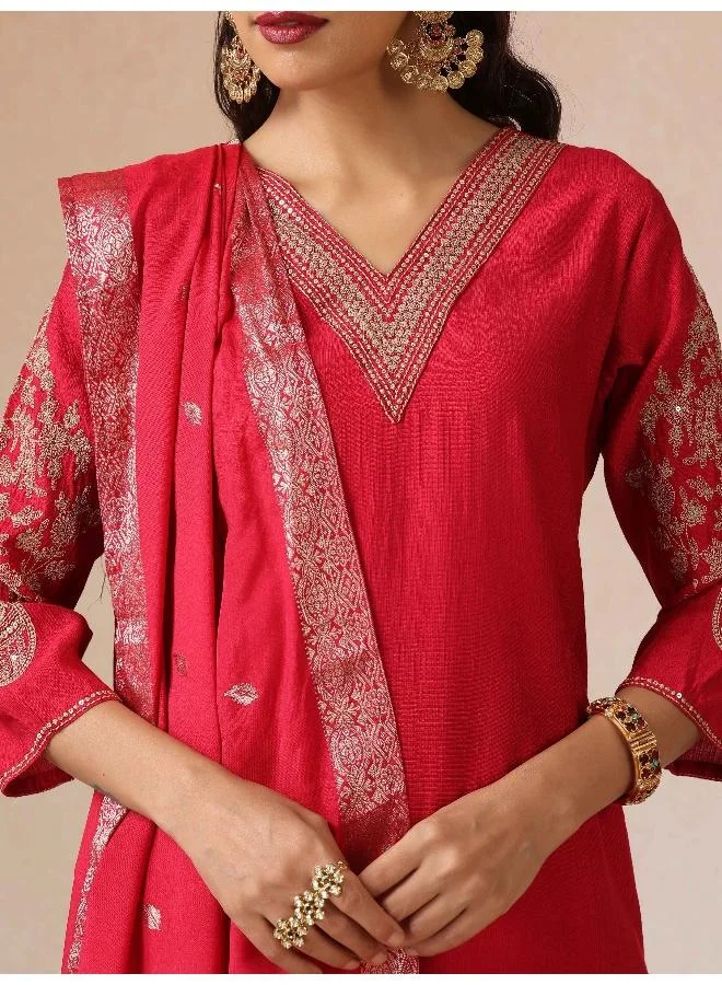 trueBrowns trueBrowns Red Embroidered Straight Kurta Pant Dupatta Set