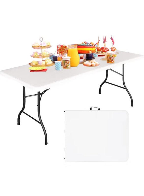 DEXO طاولة تريستيل قابلة للطي في الهواء الطلق 1.8م – طاولة نزهة وتخييم قابلة للطي من HDPE قوية مع مقبض حمل، طاولة شواء محمولة وفعاليات (180×75×75سم، بيضاء) - Image 1