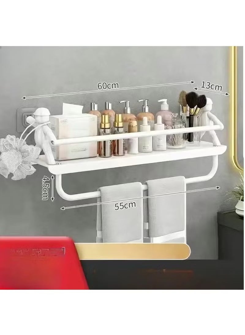 Arabest Multifunctional Stainless Steel Wall Mounted Storage Rack with Towel Bar, No-Drill Adhesive Shelf Organizer for Cosmetics, Kitchenware, and Dorm Essentials (White)  - Image 1