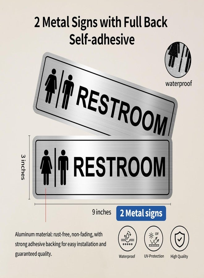 Frohllia Restroom Sign - (2 Pack) Metal Restroom Signs for Business with Strong Self-Adhesive, Bathroom Signs for Home Door or Wall, Ideal Unisex Bathroom Sign for Women and Men, Easy to Install (9"x3" Unisex) - Image 2