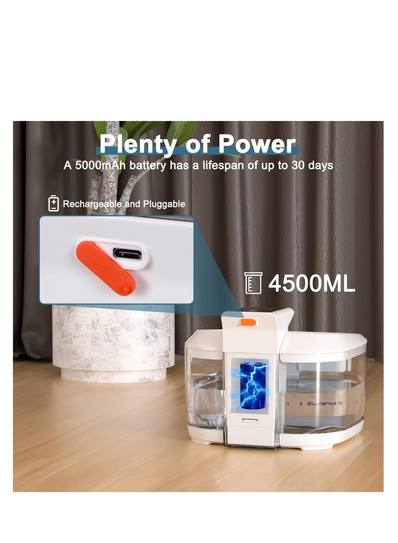Cat Water Fountain Battery Operated, 152oz/4.5L Cat Fountain for Drinking, Wireless Automatic Pet Water Fountain with Stainless Steel Basin, Ultra Silent Cat Fountain Filter for Cats,White