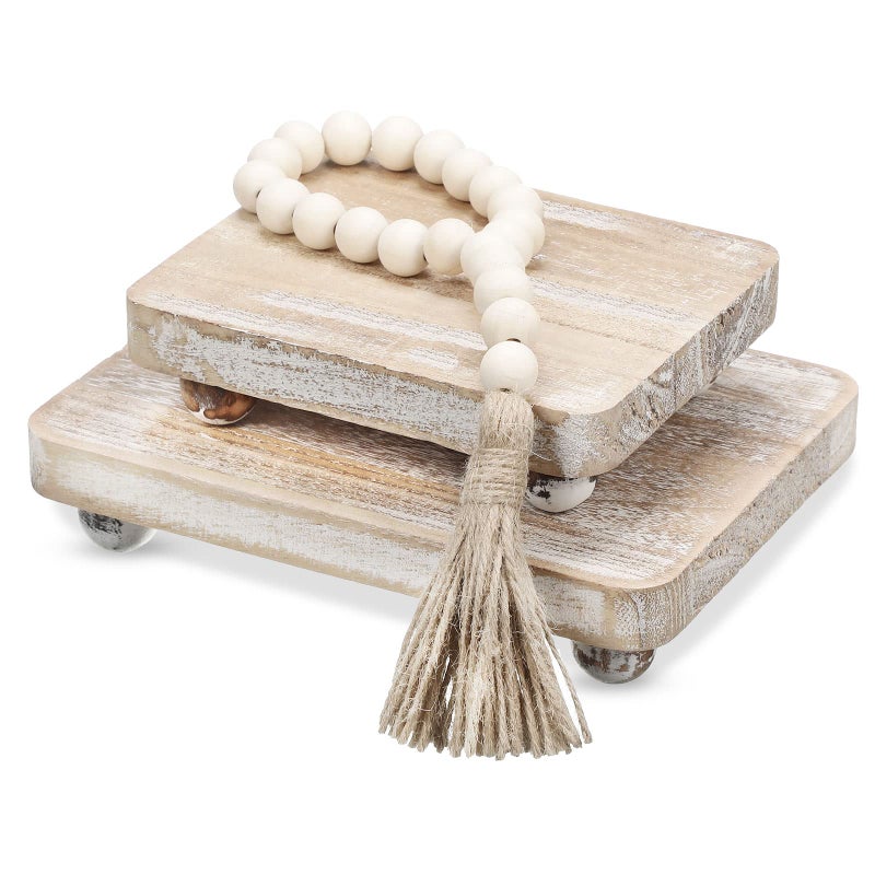 Capoda Capoda 3 Pcs Wood Risers for Decor Mini Wooden Pedestal Stands with Wood Bead Garland Farmhouse Vintage Rustic Decor Risers Stackable Kitchen Stand Tray for Home Bathroom Coffee Bar Table 