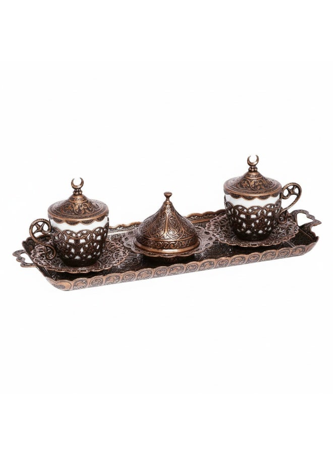 Acar Luxury 2-Person Turkish Coffee Set in Elegant Ottoman Style with Saucers, Holders, Cup Covers, Tray & Covered Sweet Dish – Magical Red Bronze Finish – Made in Turkey - Image 1