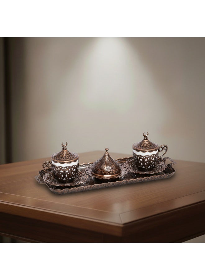 Acar Luxury 2-Person Turkish Coffee Set in Elegant Ottoman Style with Saucers, Holders, Cup Covers, Tray & Covered Sweet Dish – Magical Red Bronze Finish – Made in Turkey - Image 2