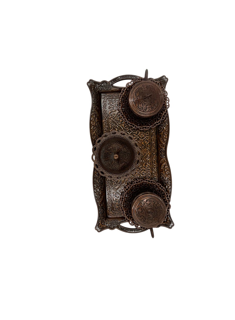 Acar Luxury 2-Person Turkish Coffee Set in Elegant Ottoman Style with Saucers, Holders, Cup Covers, Tray & Covered Sweet Dish – Magical Red Bronze Finish – Made in Turkey - Image 4