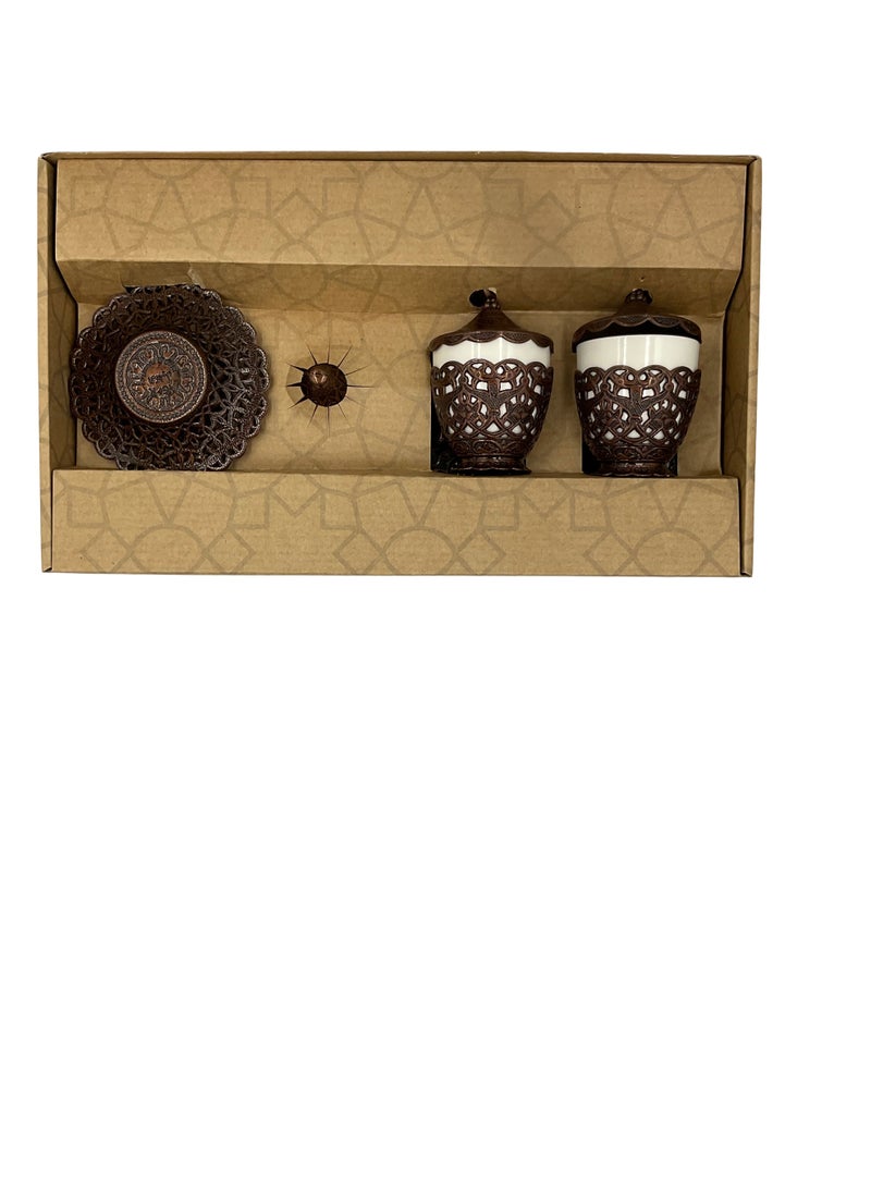 Acar Luxury 2-Person Turkish Coffee Set in Elegant Ottoman Style with Saucers, Holders, Cup Covers, Tray & Covered Sweet Dish – Magical Red Bronze Finish – Made in Turkey - Image 5